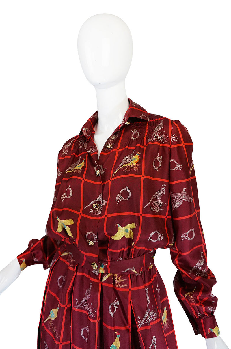 1970s Rare Gucci Silk "Pheasant" Print Shirt & Skirt Set