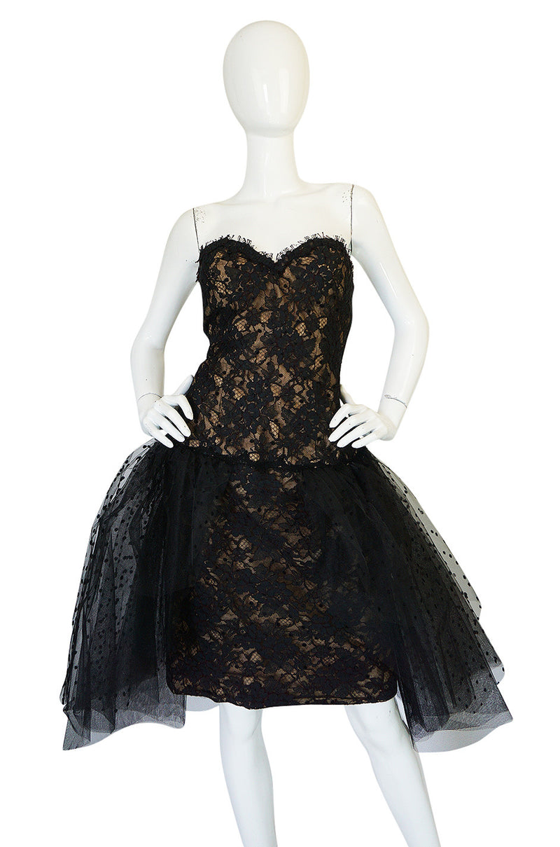 1980s Victor Costa Fitted Lace Dress w Dotted Tulle Overskirt