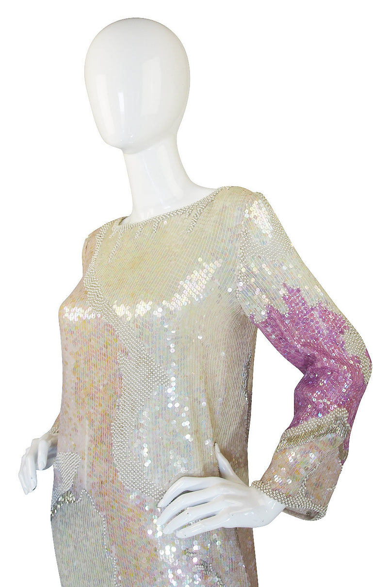 1983 Pink & Cream Halston Sequin Sheath Dress