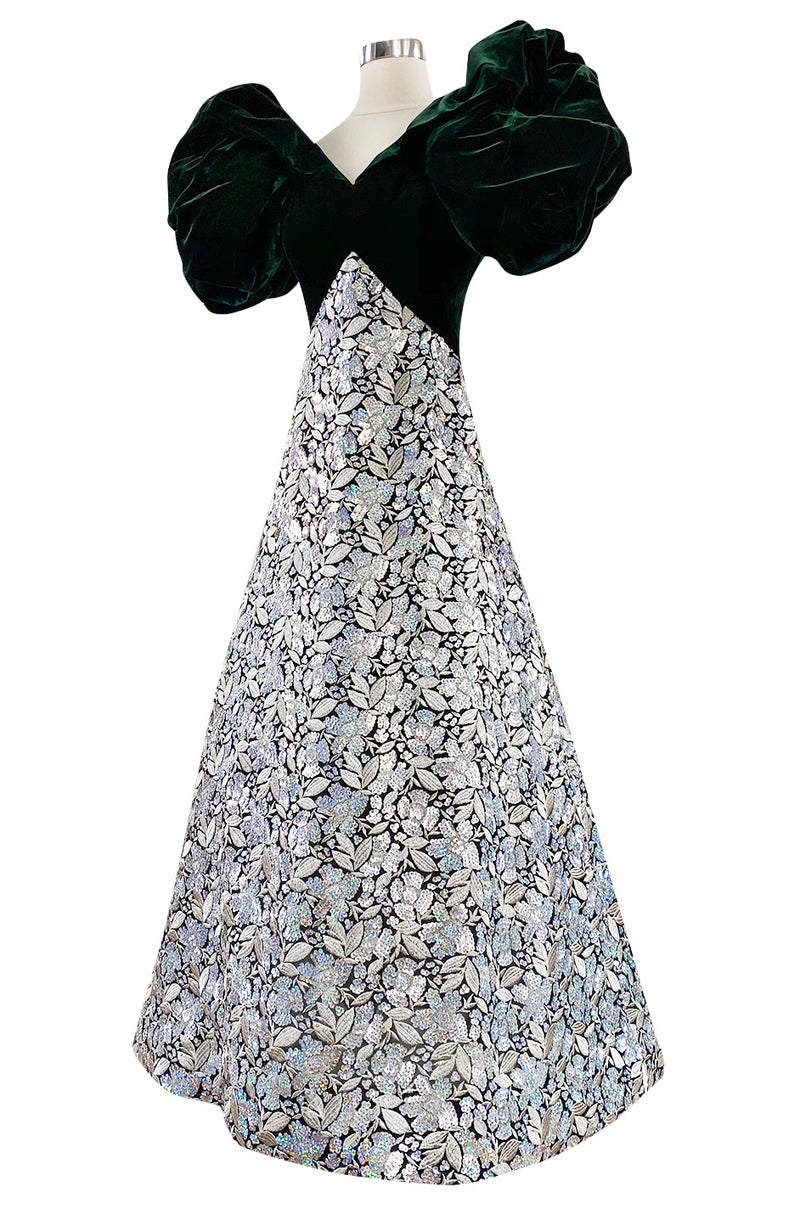 Spring 1992 Arnold Scaasi Couture Deep Green Velvet & Embroidered Silver Thread & Sequin Dress