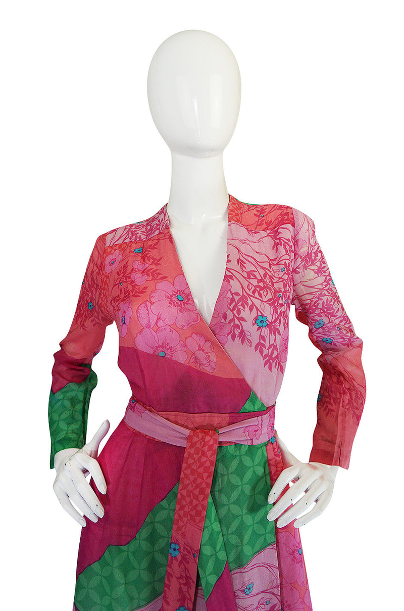 1970s Pink Print Cotton Voile Hanae Mori Wrap Dress