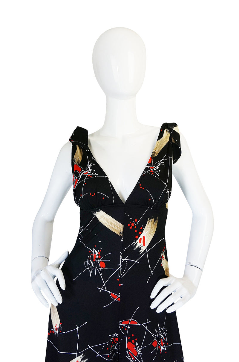 1970s Print Jersey Plunging Wide Leg Jumpsuit