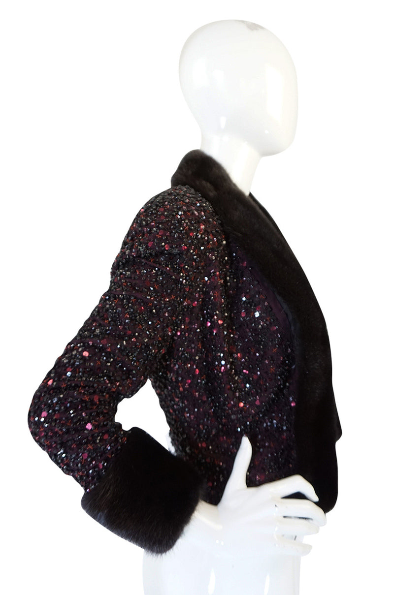 1980s Glossy Mink Trim Sequin John Anthony Silk Jacket