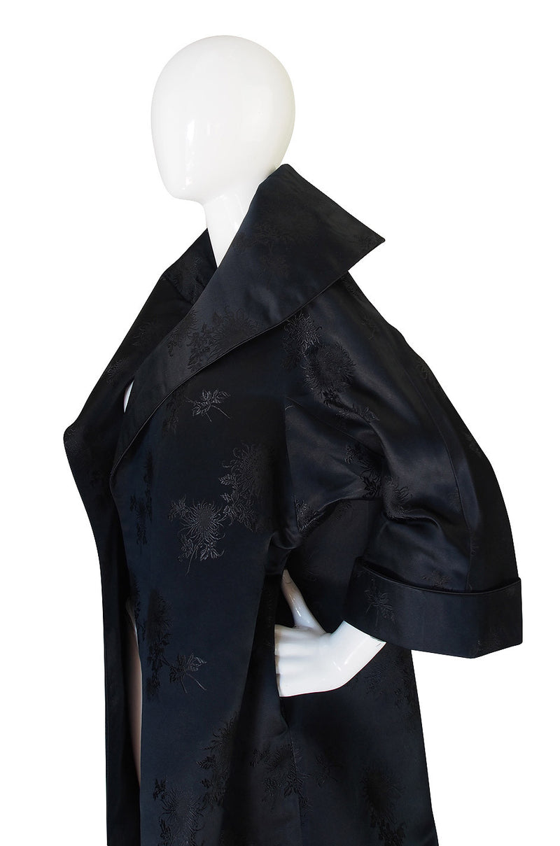 Dramatic 1950s Woven Floral Black Silk Opera Coat