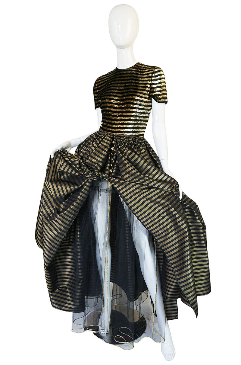 1980s James Galanos Couture Gold & Black Striped Silk Dress