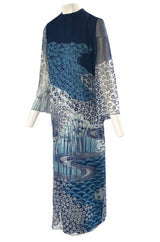 1970s Hanae Mori Silk Chiffon Deep Blue Floral & Water Print Dress