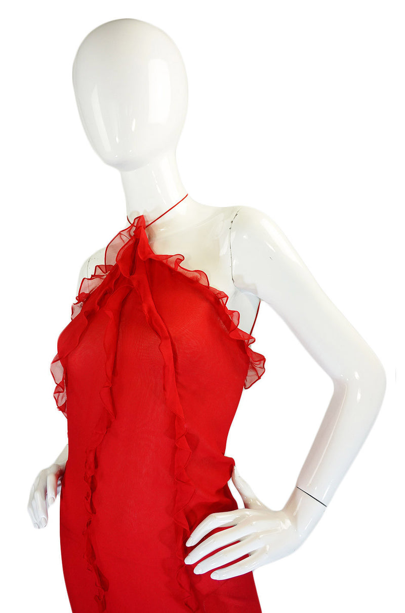 1970s Ruffled Silk Chiffon Bill Blass Bias Cut Dress