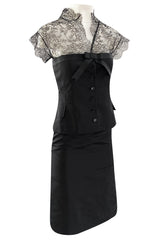 Spring 2004 Alexander McQueen Black Silk Taffeta and Black Lace Detailed Top & Skirt Set
