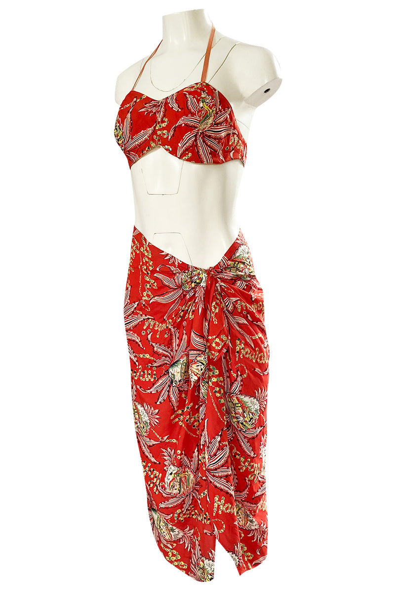 Rare 1930s 1940s Hawaiian Novelty Print Sarong & Halter Set w Fused Sequins