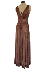 Late 1920s Unlabeled Gold Metallic Lame Thread Mixed w Deep Burgundy Silk Deep Plunge Dress