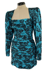 Late 1980s Emanuel Ungaro Teal Blue Printed Silk Mini Dress w Strong Shoulders