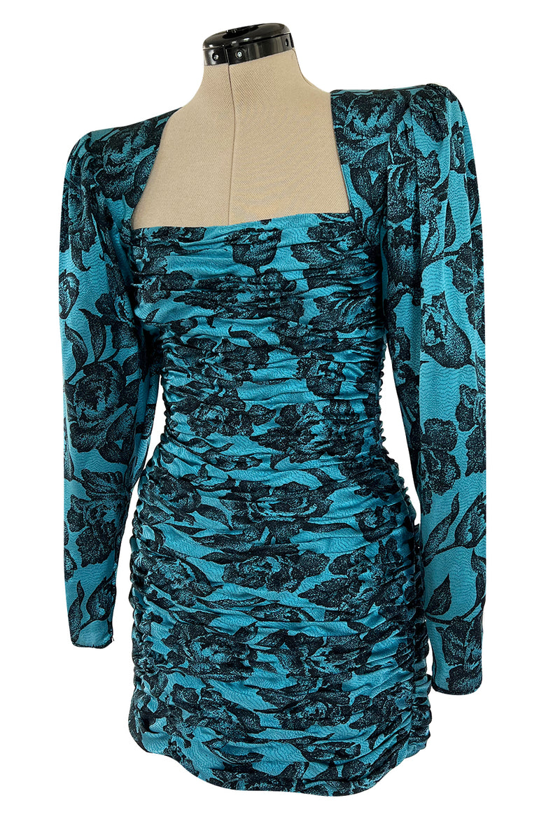 Late 1980s Emanuel Ungaro Teal Blue Printed Silk Mini Dress w Strong Shoulders