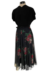Gorgeous 1930s Best & Co. Black Silky Rayon Top w Netted Over Floral Printed Swing Skirt