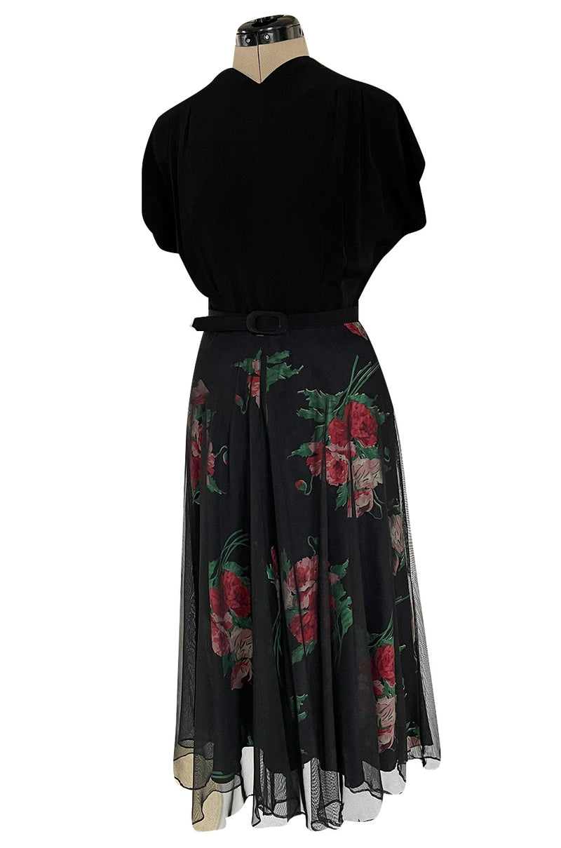 Gorgeous 1930s Best & Co. Black Silky Rayon Top w Netted Over Floral Printed Swing Skirt
