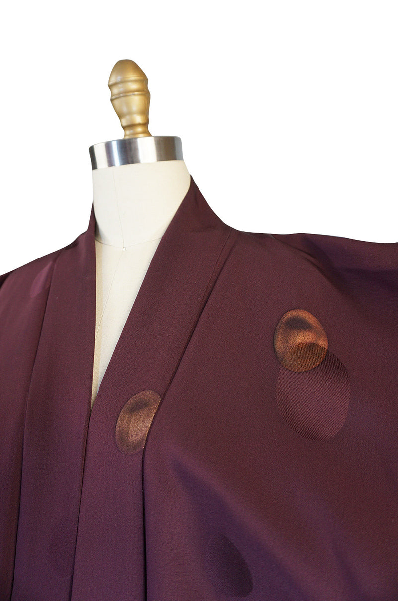 1950s Wine And Metaliic Copper Dot Silk Kimono