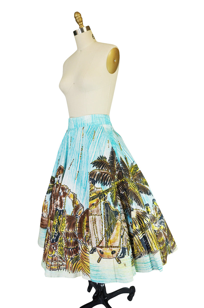 1950s Hand Painted Sequin Artegreen Mexican Skirt