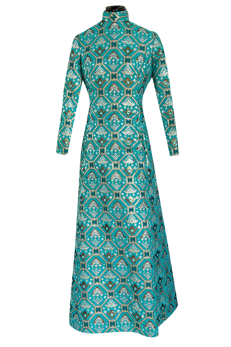 Gorgeous 1970s Mollie Parnis Turquoise Dress w Metallic Gold & Silver Detailing