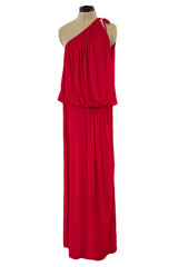 Spring 1982 Yves Saint Laurent Runway & Ad Campaign Red Jersey One Shoulder Dress
