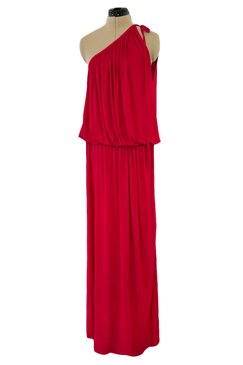 Spring 1982 Yves Saint Laurent Runway & Ad Campaign Red Jersey One Shoulder Dress