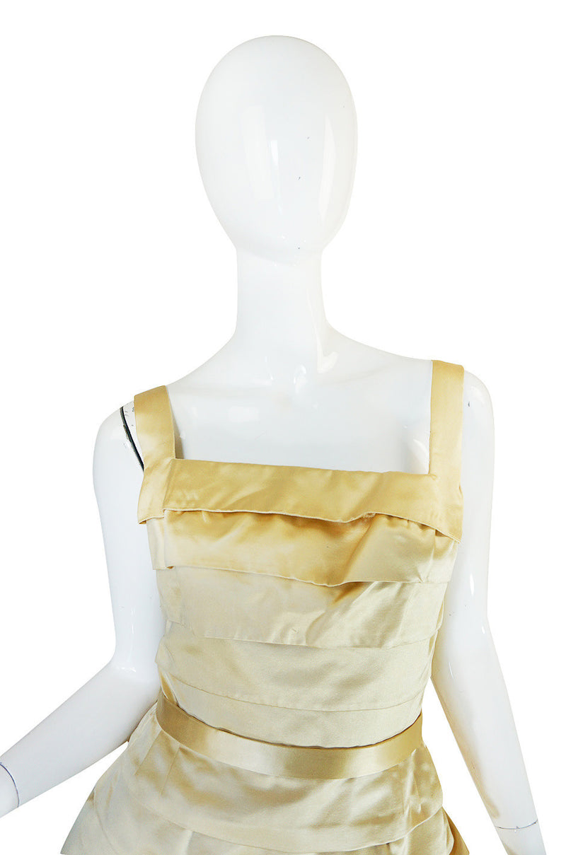 1950s Demi-Couture Pale Yellow Silk Satin Pleat Dress