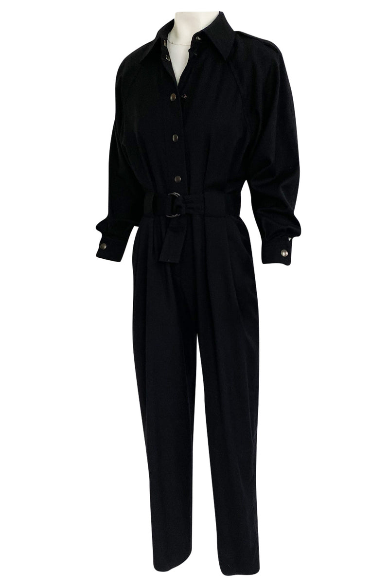1980s Yves Saint Laurent Black Snap Front Flight Jumpsuit w Slip Belt