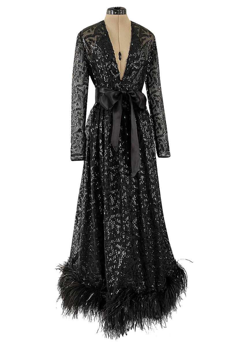 Fall 1974 Bill Blass Glossy Black Sequin & Silk Chiffon Dress w Feather Hem