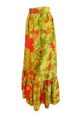 1960s Unlabelled Coral & Green Floral Print on Yellow Silk Skirt