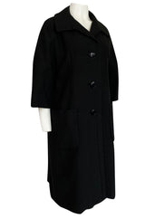 1950s Christian Dior Demi-Couture Simply Cut Black Textured Silk Coat