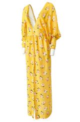 1970s Jean Varon Deep Front & Back Plunge Floral Print Yellow Crepe Dress