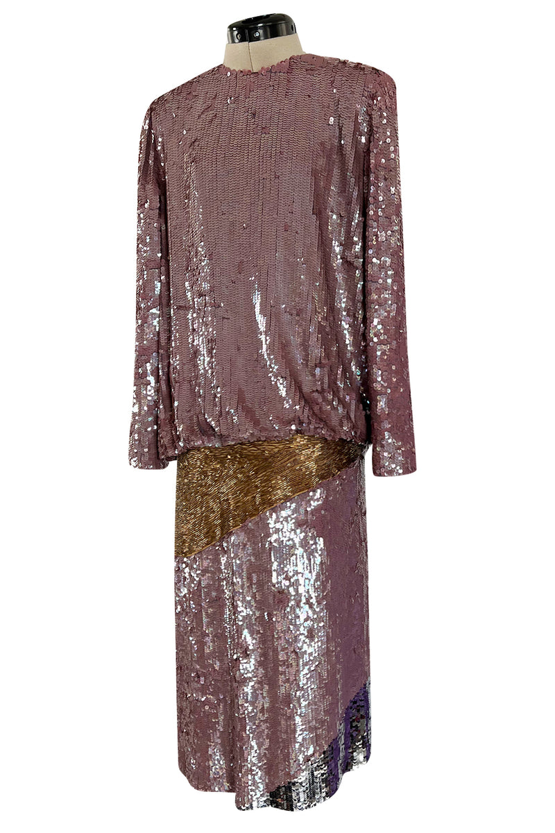 Documented 1982 Bill Blass Sequin & Beaded Dusty Purple, Gold & Silver Dress