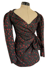 2019 Attico Micro Mini Red Metallic Rose Print Wrap Dress w Pouf Sleeves