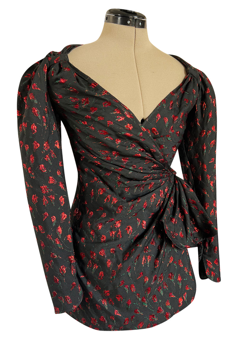 2019 Attico Micro Mini Red Metallic Rose Print Wrap Dress w Pouf Sleeves