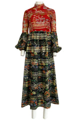 1960s Mollie Parnis Metallic Gold, Red & Black Floral Print Silk Dress