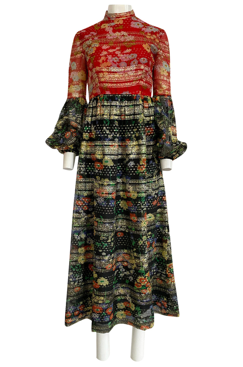 1960s Mollie Parnis Metallic Gold, Red & Black Floral Print Silk Dress