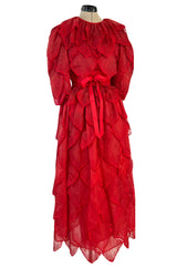 1980s Unlabeled Nina Ricci by Girard Pipard Haute Couture Red Silk & Net Leaf or Petal Dress