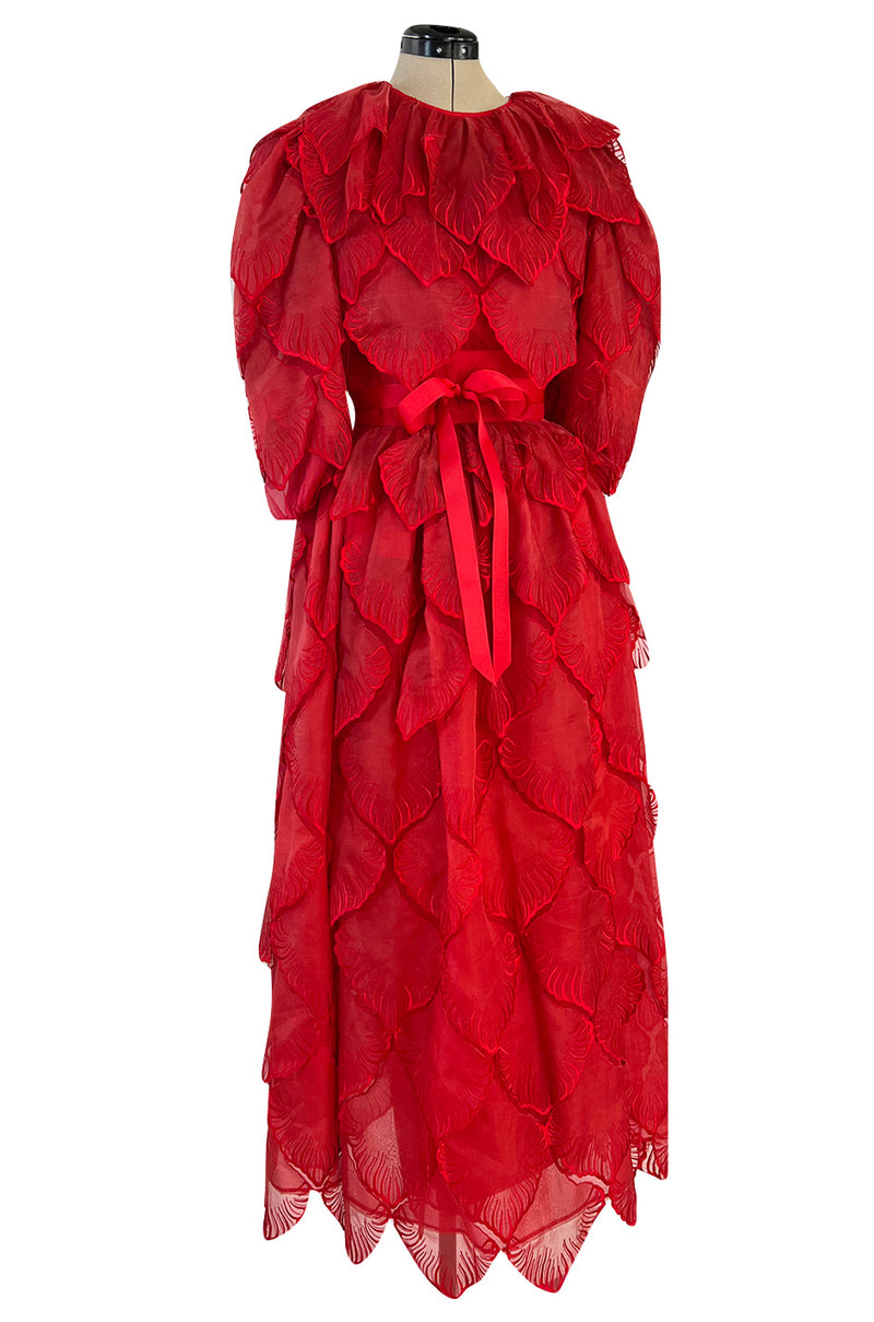 1980s Unlabeled Nina Ricci by Girard Pipard Haute Couture Red Silk & Net Leaf or Petal Dress