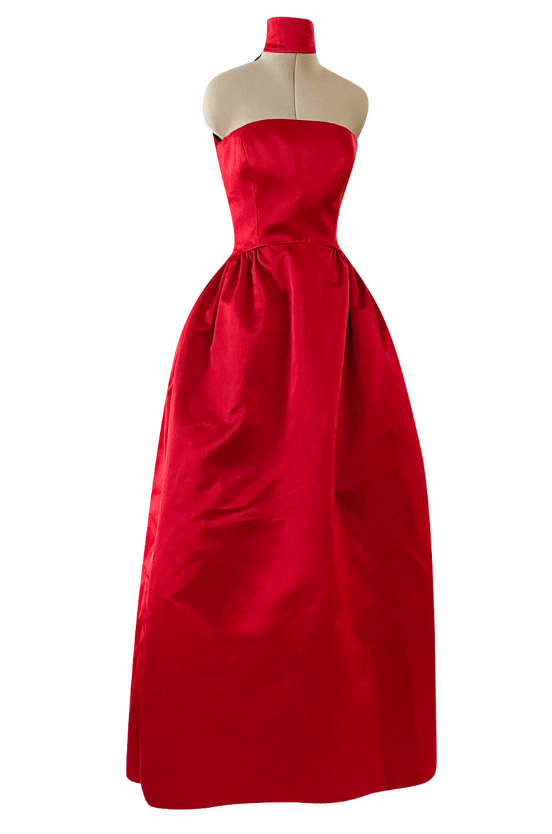 Stunning 1980s Saks Fifth Avenue Red Silk Satin Dress w Unusual Attached Collar Detail