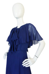 1970s Deep Blue Silk Chiffon Caped Detail Valentino Dress