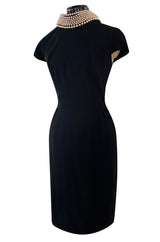 Early 2000s Moschino Cheap & Chic Black Stretch Crepe Dress w Removable Pearl Collar