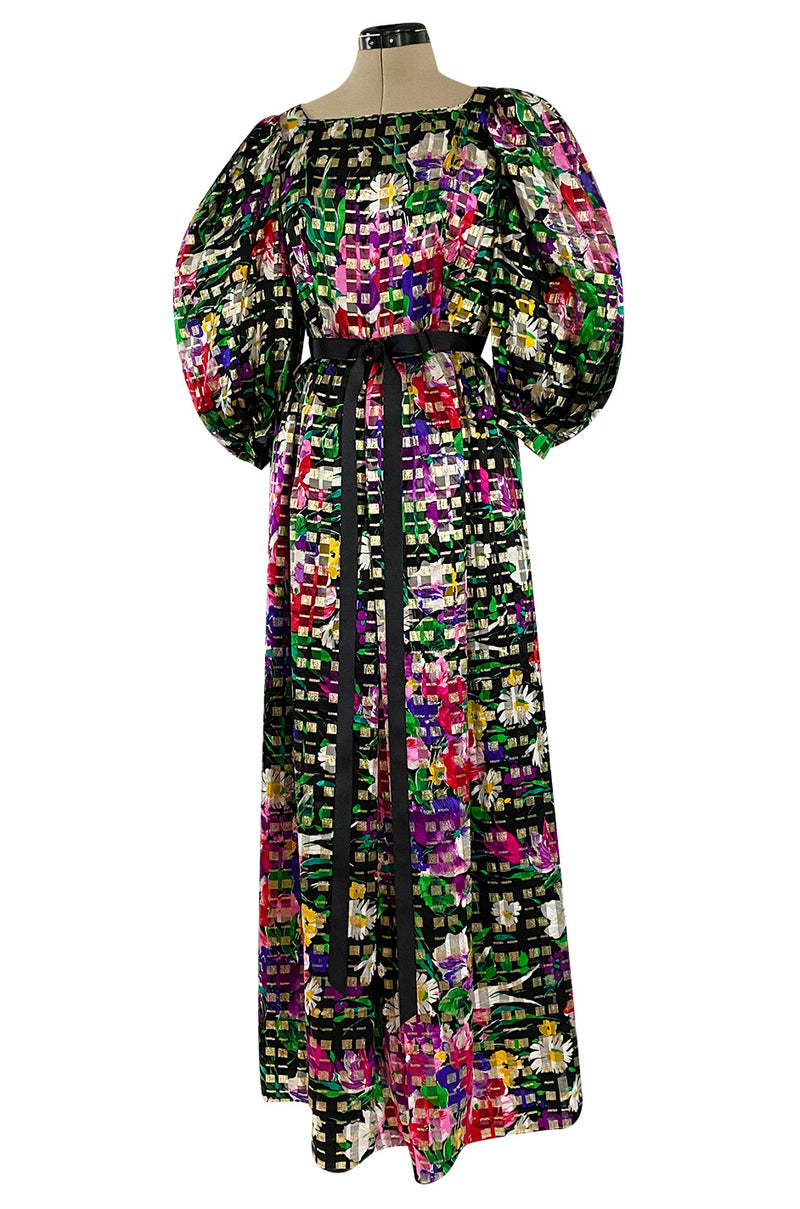 Beautiful 1970s Michael Novarese Ribbon Weave Silk Chiffon Bright Floral & Metallic Dress