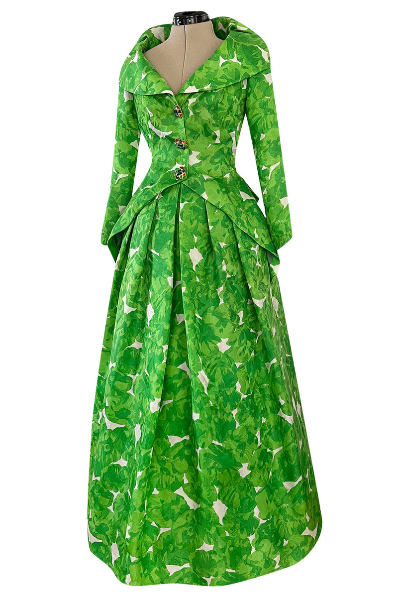1980s Jean Louis Scherrer Couture Printed Green Silk Gazar Dress w Poured Glass Gripoix Buttons