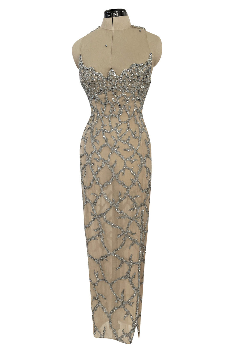 Exquisite 1985 John Anthony Nude Silk Chiffon & Net Dress w Silver Cha – Shrimpton Couture Exquisite 1985 John Anthony Nude Silk Chiffon & Net Dress w Silver Cha – Shrimpton Couture