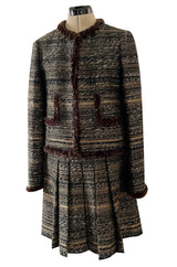 Stunning Fall 2005 Chanel Metallic Silk Mohair Fur Trimmed Tweed Jacket & Pleated Skirt Suit