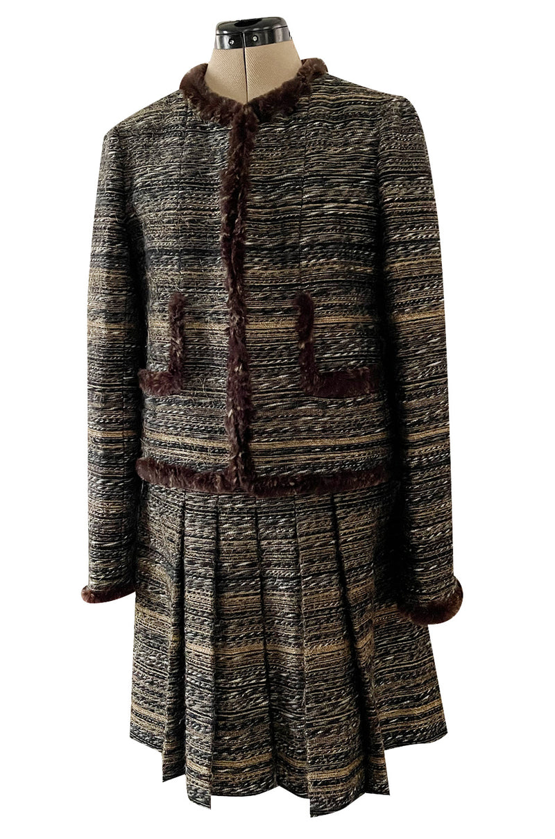 Stunning Fall 2005 Chanel Metallic Silk Mohair Fur Trimmed Tweed Jacket & Pleated Skirt Suit