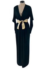 Documented 1980 Bill Tice Plunging Front Black Jersey Dress w Top Stitched Gold Belt