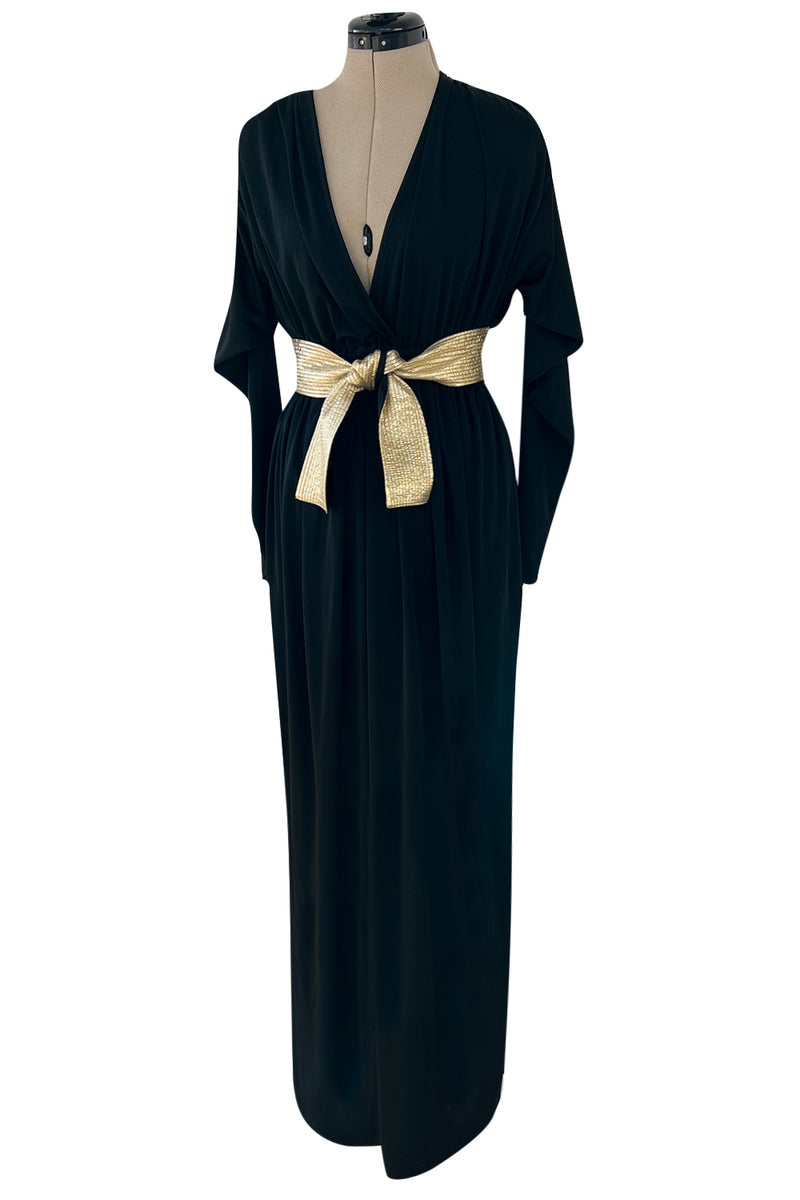 Documented 1980 Bill Tice Plunging Front Black Jersey Dress w Top Stitched Gold Belt
