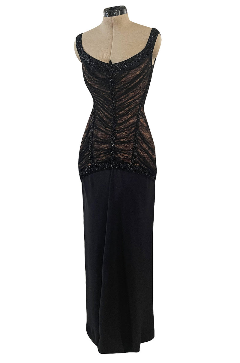 Original Fall 1997 Herve Leger Couture Lace & Bead Bandage Fitted Black Dress w Wide Straps