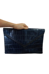 1980s Deep Blue Crocodile or Alligater Stamped Leather Clutch Bag