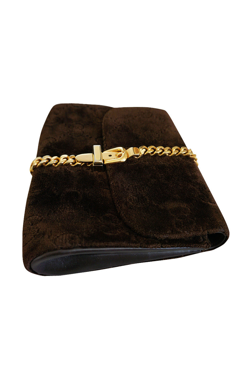 Fantastic 1970s Brown Velvet and Gold Buckle Gucci Clutch