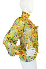 1981 Emanuel Ungaro Yellow Floral Printed Silk Ribbon Chiffon Ascot Top